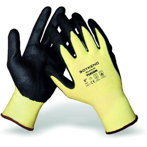 Rukavice pletené, Aramid, dlaň povrstvená čiernym nitrilom, žlté 08