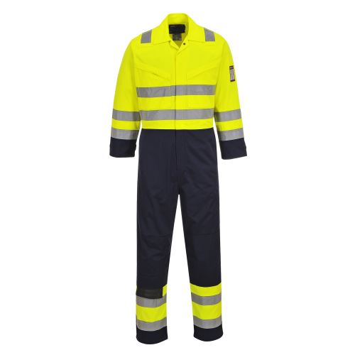 PORTWEST HI-VIS MODAFLAME MV28 / Nehorľavá reflexná kombinéza, antistatická, predĺžená - HV žltá/námorná modrá