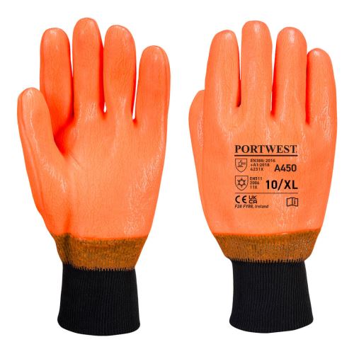 PORTWEST HI-VIS WEATHERPROOF A450 / Zimné vodeodolné rukavice máčané v PVC - oranžová XL