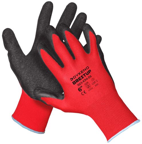 Rukavice polyesterový úplet bezšvový, dlaň a prsty máčané vo zvrásnenom latexe, červené, 0